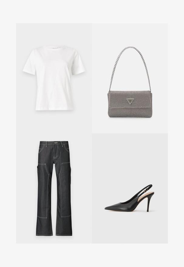 Baltas kokvilnas T-krekls ar īsām piedurknēm, apaļu kakla izgriezumu un brīvu piegriezumu. Gluda tekstūra, bez rakstiem vai akcentiem, minimālistisks dizains.; Tumši džinsi ar kabatām, ar baltu kontrasta diegu, daudzām kabatām un izplestām kājām. Izturīga auduma un metāla pogas aizdare.; Melna ādas slingback augstpapēžu kurpe ar norādītu purngalu, gludu tekstūru un smalku siksniņu ar metalizētu sprādzi.; Gaiši pelēka metāla rokassoma ar ķēdes siksnu, rotāta ar mazām apaļām metāla kniedēm un trīsstūra zīmola logo.