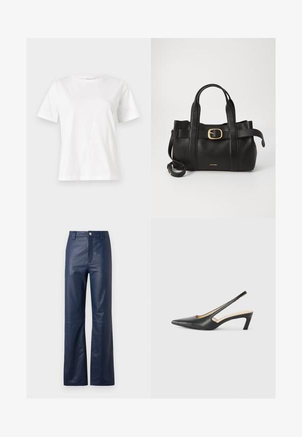 Biała bawełniana koszulka z krótkim rękawem, okrągłym dekoltem i luźnym krojem. Gładka tekstura, brak wzorów lub dodatków, minimalistyczny design.; Granatowe skórzane spodnie o prostym kroju, z zapięciem na zamek błyskawiczny z przodu, guzikiem oraz gładką powierzchnią.; Czarny but na obcasie typu slingback z ostro zakończonym noskiem, z niskim obcasem, wykonany z gładkiej skóry, z wycięciem po boku dla lepszej wentylacji.; Czarna skórzana torebka o zorganizowanej konstrukcji, z podwójnymi uchwytami u góry, akcentem w postaci złotego zapięcia oraz wytłoczonym logo marki z przodu.