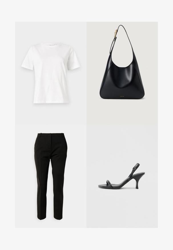 Vit bomullströja med korta ärmar, rund halsringning och en avslappnad passform. Slät textur, inga mönster eller detaljer, minimalistisk design.; Svarta skräddarsydda byxor med smal passform, rak ben, slät front, bältesöglor och inga synliga mönster eller dekorationer. Tillverkade av ett slätt tyg.; Svarta läder högklackade sandaler med en smal, böjd klack och ett korsat remdesign. Justerbar ankelrem. Slät textur.; Svart läderaxelväska med en slät yta, böjd silhuett och en gulddetalj. Har en präglad logotyp vid basen.