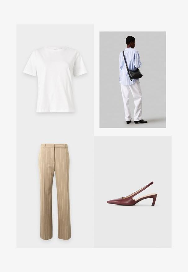 Bílý bavlněný tričko s krátkým rukávem, kulatým výstřihem a volnějším střihem. Hladká textura, bez vzorů nebo akcentů, minimalistický design.; Krémové kalhoty s úzkým střihem, které mají vertikální bílé proužky, hladkou strukturu, poutka na opasek a dvě přední kapsy.; Vínové slingback podpatky s špičatou špičkou, výřezy na straně a středně vysokým blokovým podpatkem. Hladký kožený povrch.; Černá kožená kabelka přes rameno s jemnou texturou, trojúhelníkovým tvarem a nastavitelným popruhem, v kombinaci se světle modrou pruhovanou košilí a bílými kalhotami.