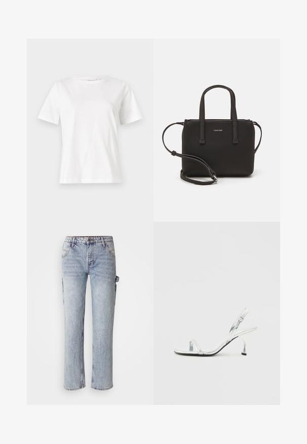 Bijela pamučna majica s kratkim rukavima, okruglim izrezom i opuštenim krojem. Glatka tekstura, bez uzoraka ili akcenata, minimalistički dizajn.; Nije uspjelo generirati alternativni tekst.; Srebrni patenti kožni sandali na visokom potpeticu s uskim remenom za prste, podesivom kopčom i vitkom potpeticom.; Crna torba s dva kratka ručka i uklonjivom naramenicom. Glatki materijal nalik koži s zatvaračem na zatvaranje i detaljem s logom.