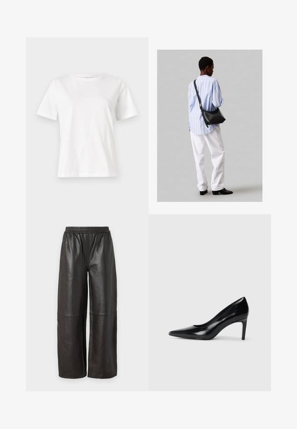 Weißes Baumwoll-T-Shirt mit kurzen Ärmeln, Rundhalsausschnitt und lockerer Passform. Glatte Textur, keine Muster oder Akzente, minimalistisches Design.; Schwarze Leder-Hosen mit weitem Bein, elastischem Bund, strukturiertem Finish und vertikalen Nahttunneln, die eine lockere Passform bieten.; Schwarzer Lederhochschuh mit spitzem Zehenbereich, glatter Textur und schmalem Absatz. Minimalistisches Design, keine zusätzlichen Verzierungen.; Schwarze Leder-Umhängetasche mit weicher Textur, dreieckiger Form und verstellbarem Tragegurt, kombiniert mit einem hellblauen gestreiften Hemd und weißen Hosen.