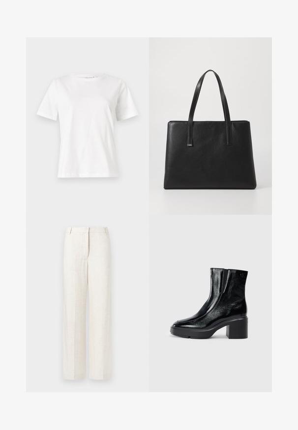 Baltas kokvilnas T-krekls ar īsām piedurknēm, apaļu kakla izgriezumu un brīvu piegriezumu. Gluda tekstūra, bez rakstiem vai akcentiem, minimālistisks dizains.; Bežīgas plaša kāju bikses no lina maisījuma, ar gludu tekstūru, klasiskām priekšējām krokām un sānu kabatām papildu funkcionalitātei.; Melnas lakotas ādas potītes zābaki ar izliekto purngalu, elastīgām sānu paneļiem un masīvu blokveida papēdi. Aizmugurē ir izsistā logo.; Melnas ādas somiņa ar divām garām rokturām, taisnstūra forma, teksturēta virsma un minimālistisks dizains. Nav redzamu aparatūras vai akcentu.