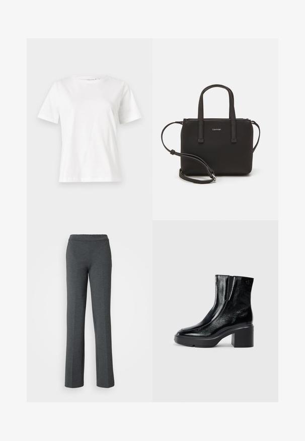 Bijela pamučna majica s kratkim rukavima, okruglim izrezom i opuštenim krojem. Glatka tekstura, bez uzoraka ili akcenata, minimalistički dizajn.; Sive, lagane, izgužvane hlače sa elastičnim pojasom. Glatka tekstura i jednostavan dizajn, pogodne za svakodnevno nošenje.; Crne lakirane gležnjače s zakrivljenim prstom, elastičnim bočnim panelima i masivnom blok petom. Sadrže urezani logo na leđima.; Crna torba s dva kratka ručka i uklonjivom naramenicom. Glatki materijal nalik koži s zatvaračem na zatvaranje i detaljem s logom.