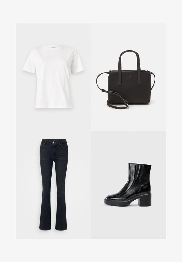 Weißes Baumwoll-T-Shirt mit kurzen Ärmeln, Rundhalsausschnitt und lockerer Passform. Glatte Textur, keine Muster oder Akzente, minimalistisches Design.; Schwarze, schmal zulaufende Jeans aus Denim mit hoher Taille, fünf Taschen und metallischem Knopfverschluss. Glatte Textur, minimale Ausbleichung.; Schwarze Lackleder-Stiefeletten mit einer geschwungenen Zehenpartie, elastischen Seiteneinsätzen und einem klobigen Blockabsatz. Mit geprägtem Logo auf der Rückseite.; Schwarze Handtasche mit zwei kurzen, doppelt geflochtenen Griffen und einem abnehmbaren Schulterriemen. Glattes, lederähnliches Material mit einem Reißverschluss und Logodetail.