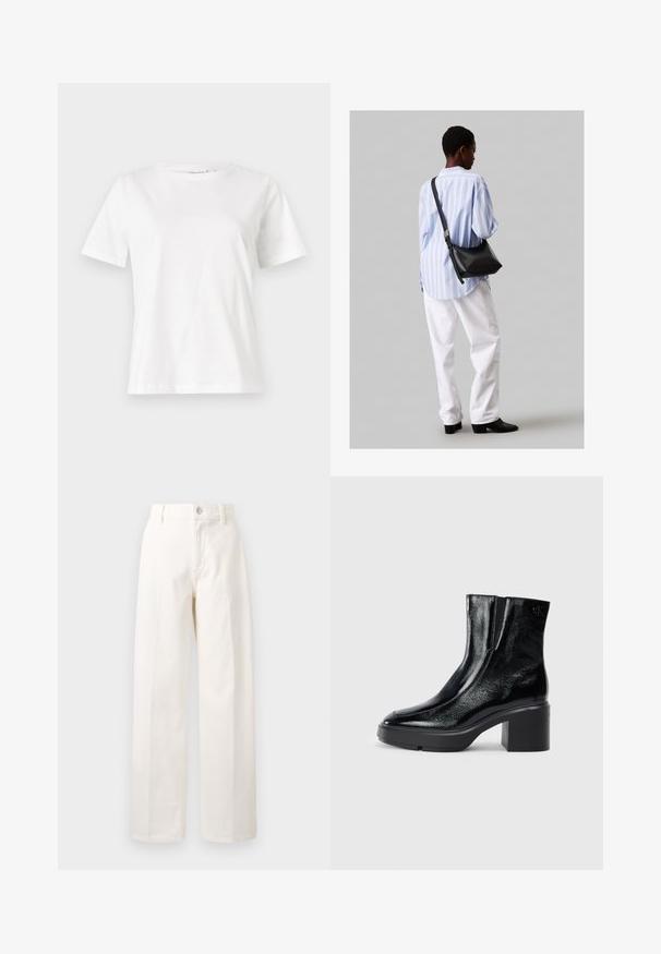 Valkoinen puuvillapaita lyhyillä hihoilla, pyöreällä kaula-aukolla ja rentolla istuvuudella. Sujuva rakenne, ei kuvioita tai yksityiskohtia, minimalistinen muotoilu.; Valkoiset leveät housut puuvillasta, joissa on edessä nappikiinnitys, vyönlenkit ja suora leikkaus ilman näkyviä kuvioita.; Musta patentoitu nahkasaappaat nilkkoihin, joissa on kaareva kärki, joustavat sivupaneelit ja paksu lohkoilut. Takana on kohokuvioitu logo.; Musta nahkainen olkalaukku, jossa on pehmeä rakenne, kolmion muoto ja säädettävä hihna, yhdistettynä vaaleansiniseen raidalliseen paitaan ja valkoisiin housuihin.