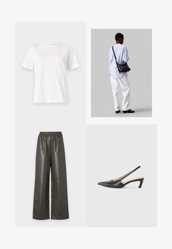 Biela bavlnená tričko s krátkymi rukávmi, okrúhlym výstrihom a voľným strihom. Hladká textúra, bez vzorov alebo akcentov, minimalistický dizajn.; Široké nohavice z tmavozelenej umelé kože s elastickým pásom a stredovými švami, so hladkou a lesklou textúrou.; Čierne slingback topánky s ostrou špičkou a nízkym opätkom, vyrobené z hladkej kože a s výrezmi na boku pre lepšiu priedušnosť.; Čierna kožená ramenná taška so mäkkou textúrou, trojuholníkovým tvarom a nastaviteľným popruhom, skombinovaná s svetlomodrou pruhovanou košeľou a bielymi nohavicami.