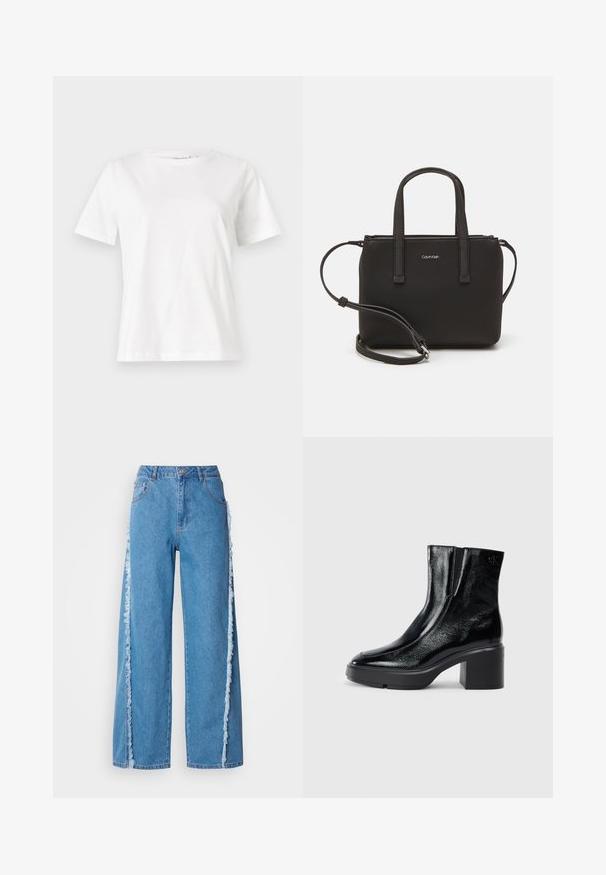 Bela bombažna majica s kratkimi rokavi, okroglo izrezana in ohlapnega kroja. Gladka tekstura, brez vzorcev ali dodatkov, minimalističen dizajn.; Široke modre kavbojke iz denima z raztrganimi stranskimi šivi in klasičnim oblikovanjem s petimi žepi. Gumb in zadrga za zapiranje v pasu.; Črne lakirane gležnjarje z ukrivljenim nosom, elastičnimi stranskimi paneli in debelim blokastim peto. Imajo vtisnjen logotip na zadnjem delu.; Črna torbica z dvema kratkima ročajema in odstranljivim naramnim trakom. Gladek usnju podoben material z zadrgo in podrobnostmi z logotipom.