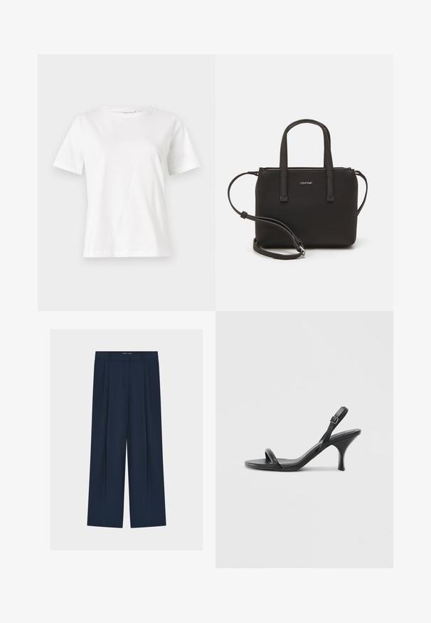 Valkoinen puuvillapaita lyhyillä hihoilla, pyöreällä kaula-aukolla ja rentolla istuvuudella. Sujuva rakenne, ei kuvioita tai yksityiskohtia, minimalistinen muotoilu.; Laivastonsiniset leveälahkeiset housut, joissa on korkea vyötärö, laskosdetailit, sileä kangas ja piilotettu etuhelma.; Mustat nahkaiset korkokengät, joissa on hoikka, kaareva korko ja ristiin menevä hihnadesign. Säädettävä nilkkahihna. Silkkinen pinta.; Musta käsilaukku, jossa on kaksinkertaiset lyhyet kahvat ja irrotettava olkahihna. Silkkinen nahkatunneinen materiaali, jossa on vetoketjukiinnitys ja logoyksityiskohta.