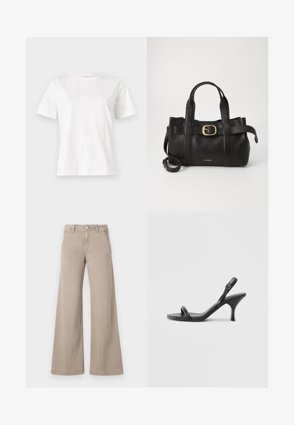 Valkoinen puuvillapaita lyhyillä hihoilla, pyöreällä kaula-aukolla ja rentolla istuvuudella. Sujuva rakenne, ei kuvioita tai yksityiskohtia, minimalistinen muotoilu.; Vaaleanbeige leveälahkeiset farkut, jotka on valmistettu puuvillasta ja joissa on sileä pinta. Paikoissa etusulku nappikiinnityksellä ja tavallinen viiden taskun muotoilu.; Mustat nahkaiset korkokengät, joissa on hoikka, kaareva korko ja ristiin menevä hihnadesign. Säädettävä nilkkahihna. Silkkinen pinta.; Musta nahkakäsilaukku, jossa on struktuurinen muotoilu, kaksoiskahvat, kultasävyinen solkiaksentti ja kohokuvioitu brändilogo edessä.