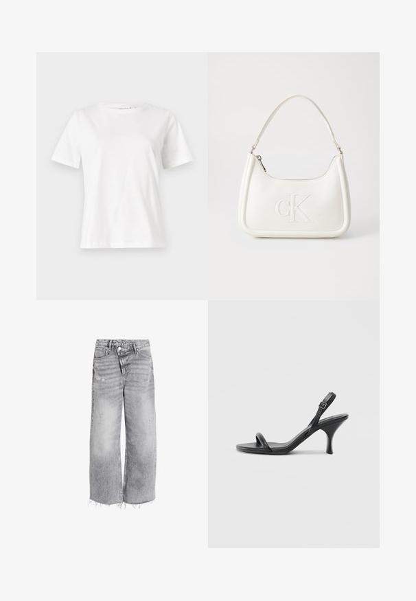 Vit bomullströja med korta ärmar, rund halsringning och en avslappnad passform. Slät textur, inga mönster eller detaljer, minimalistisk design.; Högmidjade vida jeans i ljusgrå denim, med slitna detaljer och rå kant. Två framfickor och knäppning.; Svarta läder högklackade sandaler med en smal, böjd klack och ett korsat remdesign. Justerbar ankelrem. Slät textur.; Vit läderhandväska med en böjd form, som har en präglad "CK"-logotyp på framsidan och ett enda axelband. Dragkedjestängning upptill.