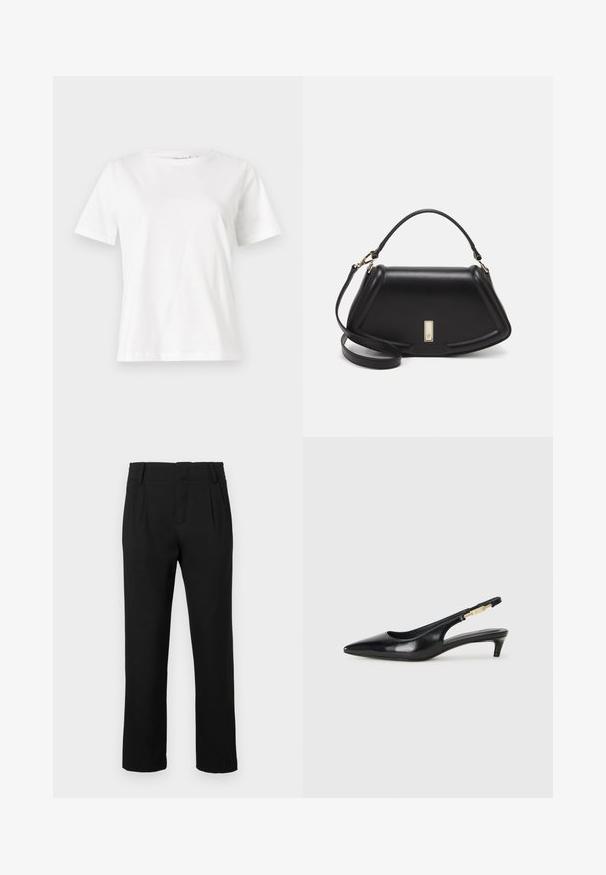 T-shirt bianca in cotone con maniche corte, scollatura rotonda e vestibilità rilassata. Struttura liscia, senza motivi né accenti, design minimalista.; Pantaloni neri a gamba dritta con passanti per cintura, tasche laterali e pieghe frontali, mostrati su uno sfondo bianco uniforme.; Tacchi slingback in pelle nera con punta affusolata, caratterizzati da un tacco alto e un accento dorato sulla cinghia regolabile. Texture liscia.; Borsa a mano in pelle nera con un design strutturato, caratterizzata da una forma corta, manico superiore e accessori in metallo dorato. Inclusa tracolla regolabile.