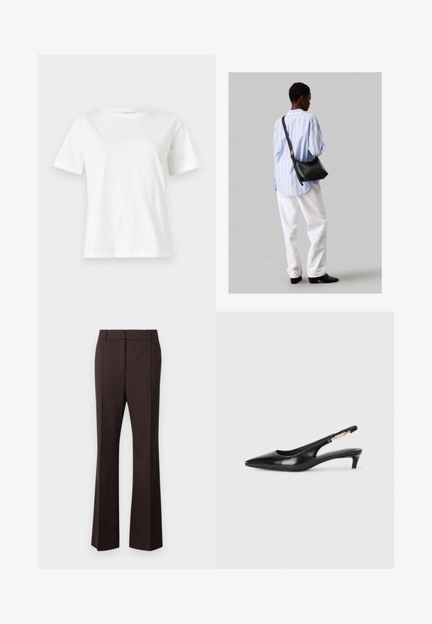 Bílý bavlněný tričko s krátkým rukávem, kulatým výstřihem a volnějším střihem. Hladká textura, bez vzorů nebo akcentů, minimalistický design.; Samsøe Samsøe SALOT TROUSERS - Kalhoty - chocolate torte; Černé kožené boty na podpatku s otevřenou patou a špičatou špičkou, s tenkým podpatkem a zlatým akcentem na nastavitelném pásku. Hladký povrch.; Černá kožená kabelka přes rameno s jemnou texturou, trojúhelníkovým tvarem a nastavitelným popruhem, v kombinaci se světle modrou pruhovanou košilí a bílými kalhotami.