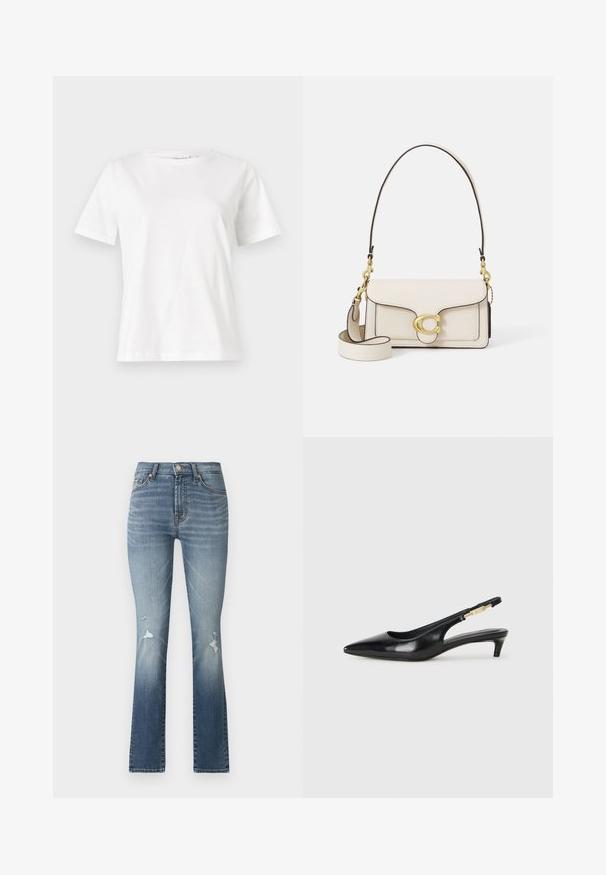 Fehér pamut póló rövid ujjakkal, kerek nyakkivágással és laza szabással. Sima textúra, nincsenek minták vagy díszítések, minimalista dizájn.; Világoskék farmer flare nadrág magas derékkal, két elülső zsebbel és kopott hatással a combokon.; Fekete bőr slingback magassarkúk, hegyes orral, vékony sarkakkal és arany színű részlettel a állítható pánton. Simа felület.; Krém színű bőrtáska strukturált kivitelben, kontrasztos fekete élekkel, arany hardware-rel, és egy levehető pánttal, amelyen a jellegzetes logó található.