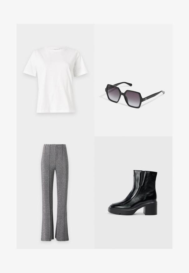 Valkoinen puuvillapaita lyhyillä hihoilla, pyöreällä kaula-aukolla ja rentolla istuvuudella. Sujuva rakenne, ei kuvioita tai yksityiskohtia, minimalistinen muotoilu.; Sovit leveät housut teksturoidusta, metallinhohtoisesta harmaasta kankaasta. Sisältää korkean vyötärön ja etupleatsit, jotka luovat muotoiltua siluettia.; Musta patentoitu nahkasaappaat nilkkoihin, joissa on kaareva kärki, joustavat sivupaneelit ja paksu lohkoilut. Takana on kohokuvioitu logo.; Mustat kuusikulmaiset aurinkolasit, joissa on gradient-linssit, kiiltävä pinta ja hienovarainen brändäys sankassa. Kestävä muovinen rakenne.