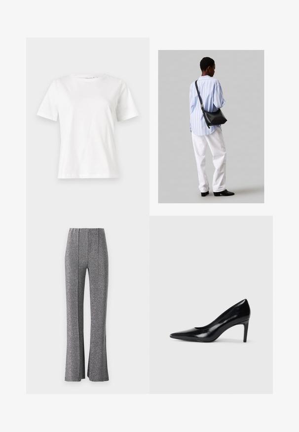 Fehér pamut póló rövid ujjakkal, kerek nyakkivágással és laza szabással. Sima textúra, nincsenek minták vagy díszítések, minimalista dizájn.; Bővülő nadrág textúrált, fémporos szürke anyagból. Magas derékkal és elülső redőkkel rendelkezik, ami karcsú sziluettet biztosít.; Fekete bőr magassarkú cipő, hegyes orral, sima textúrával és kúpos sarkal. Minimalista dizájn, nincsenek további díszítések.; Fekete bőr válltáska puha tapintással, háromszög alakú, állítható pánttal, világoskék csíkos inggel és fehér nadrággal párosítva.