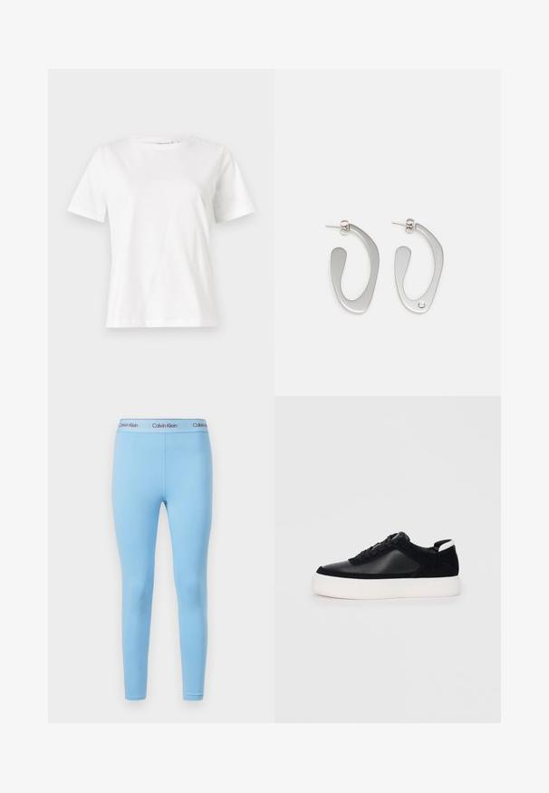 Valge puuvillane T-särk lühikeste varrukatega, ümmarguse kaelusega ja vabalt istuv. Sile tekstuur, ilma mustrite ja aktsentideta, minimalistik disain.; Sinised retuusid, mis on valmistatud siledast ja venivast kangast, ühevärvilised ja millel on vöökoht, millel on kontrastsetes värvides "Calvin Klein" logo.; Mustad mustad spordijalanõud siledast nahast ja sametist paneelidega, lame nööriga, ümar varvas ja valge kummist tallaga. Erakordne logo kontsas.; Hõbedased metallkõrvarõngad, millel on voolav, abstraktne kuju ja läikiv viimistlus. Üks neist on rõhutatud väikese kristalli detailsusega.