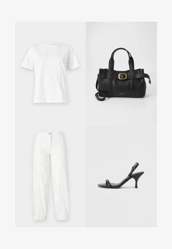 Bílý bavlněný tričko s krátkým rukávem, kulatým výstřihem a volnějším střihem. Hladká textura, bez vzorů nebo akcentů, minimalistický design.; Bílé cargo kalhoty se rovnými nohavicemi, vybavené bočními kapsami, zapínáním na knoflík a viditelnými švy. Hladká, odolná tkanina.; Černé kožené sandály na vysokém podpatku s úzkým, zakřiveným podpatkem a designem s překříženými popruhy. Nastavitelný pásek kolem kotníku. Hladký povrch.; Černá kožená kabelka s upraveným designem, dvojitými vrchními madly, pozlaceným přezkovým akcentem a vyraženým logem značky na přední straně.