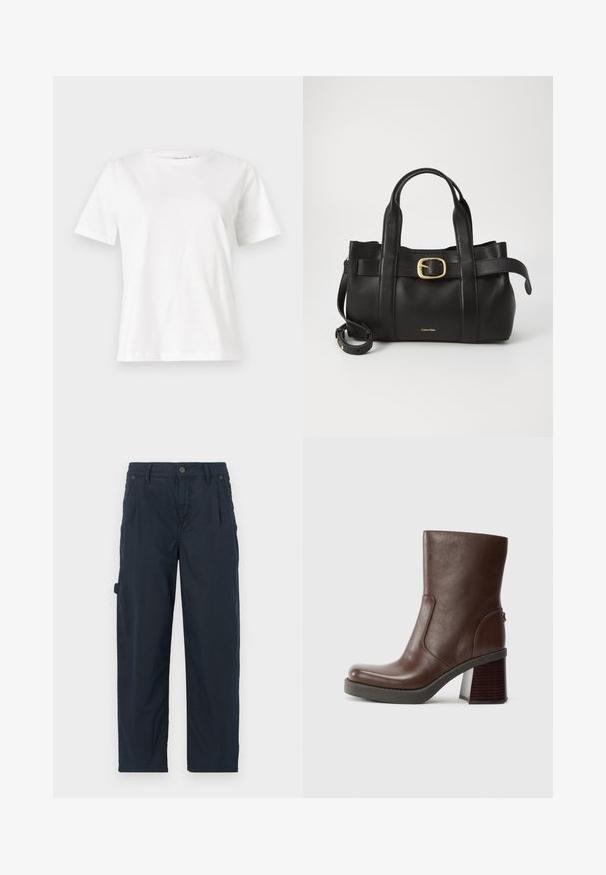 White cotton t-shirt with short sleeves, round neckline, and a relaxed fit. Smooth texture, no patterns or accents, minimalistic design.; Navy blue cargo pants made of breathable fabric, featuring a button closure, side pockets, and relaxed fit with straight legs.; Brown leather ankle boot with a rounded toe, smooth texture, and a chunky wooden heel. Side seam detail and subtle sheen.; Black leather handbag featuring a structured design, dual top handles, gold-tone buckle accent, and embossed brand logo at the front.