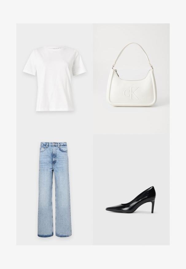 Baltas kokvilnas T-krekls ar īsām piedurknēm, apaļu kakla izgriezumu un brīvu piegriezumu. Gluda tekstūra, bez rakstiem vai akcentiem, minimālistisks dizains.; Gaiši zili džinsi ar platu kāju dizainu, ar perforētu apdari visā ģērbšanās garumā un klasisku piecu kabatu stilu.; Melnas ādas augstpapēžu kurpes ar norādītu purngali, gludu tekstūru un šauru papēdi. Minimālistisks dizains, bez papildu rotājumiem.; Balta ādas rokassoma ar noapaļotu formu, uz kuras priekšpuses ir izgriezts "CK" logo un viena plecu siksna. Augšā aizverama ar rāvējslēdzēju.
