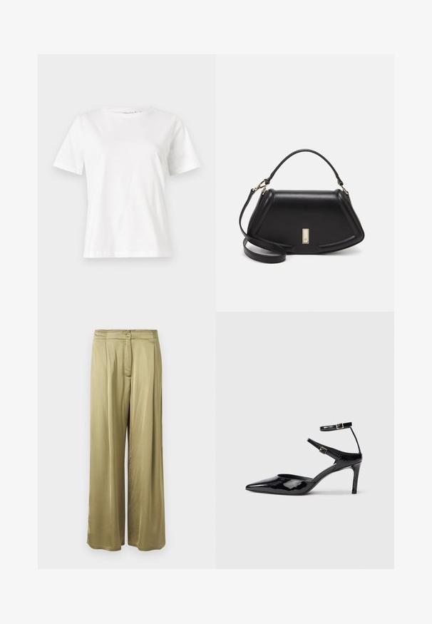 Weißes Baumwoll-T-Shirt mit kurzen Ärmeln, Rundhalsausschnitt und lockerer Passform. Glatte Textur, keine Muster oder Akzente, minimalistisches Design.; Olivgrüne, weit geschnittene Hosen aus glattem Stoff, mit einer Frontknopfverschluss und gefältelten Details an der Taille.; Schwarze Lacklederabsätze mit spitzer Zehenpartie, verstellbaren Knöchelriemen und einem schlanken Absatz. Glatte Textur mit glänzender Oberfläche.; Schwarze Lederhandtasche mit einem strukturierten Design, das eine verkürzte Form, einen oberen Griff und goldfarbene Hardware-Details aufweist. Verstellbarer Schulterriemen ist enthalten.