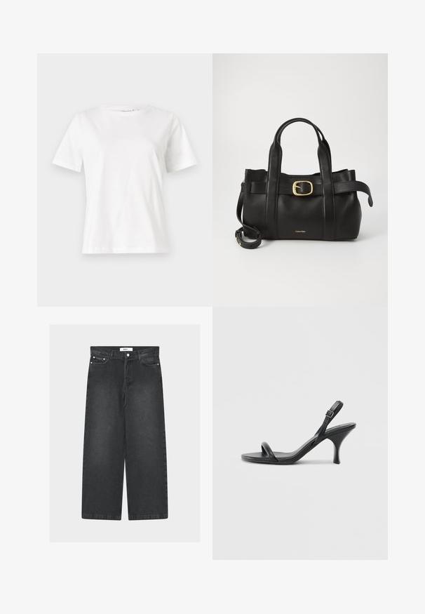 Bílý bavlněný tričko s krátkým rukávem, kulatým výstřihem a volnějším střihem. Hladká textura, bez vzorů nebo akcentů, minimalistický design.; Černé široké džíny s vysokým pasem, předními kapsami a zapínáním na knoflík. Mají stahovací pas a hladkou texturu.; Černé kožené sandály na vysokém podpatku s úzkým, zakřiveným podpatkem a designem s překříženými popruhy. Nastavitelný pásek kolem kotníku. Hladký povrch.; Černá kožená kabelka s upraveným designem, dvojitými vrchními madly, pozlaceným přezkovým akcentem a vyraženým logem značky na přední straně.