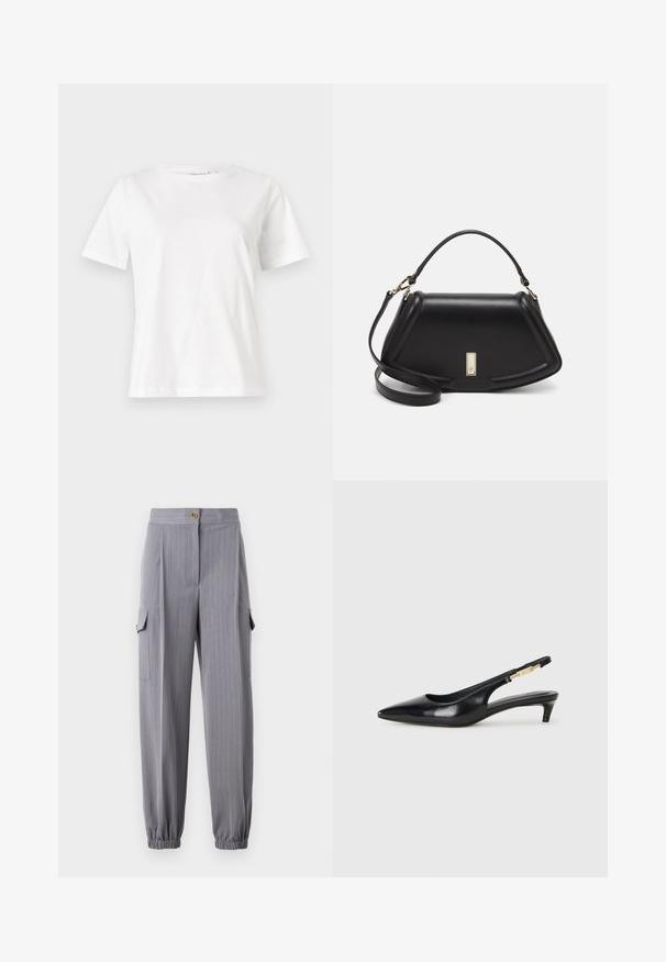 Witte katoenen t-shirt met korte mouwen, ronde halslijn en een ontspannen pasvorm. Gladde textuur, geen patronen of accenten, minimalistisch ontwerp.; Grijze pantalon met streepdessin, elastische boorden en twee zijvakken. Voorzien van een knoopsluiting en een getailleerd ontwerp.; Zwarte leren slingback hakken met een spitse neus, voorzien van een slanke hak en een goudkleurige accent op de verstelbare band. Gladde textuur.; Zwarte leren handtas met een gestructureerd ontwerp, featuring een verkorte vorm, bovenhandvat en gouden hardwareaccent. Inclusief verstelbare schouderband.