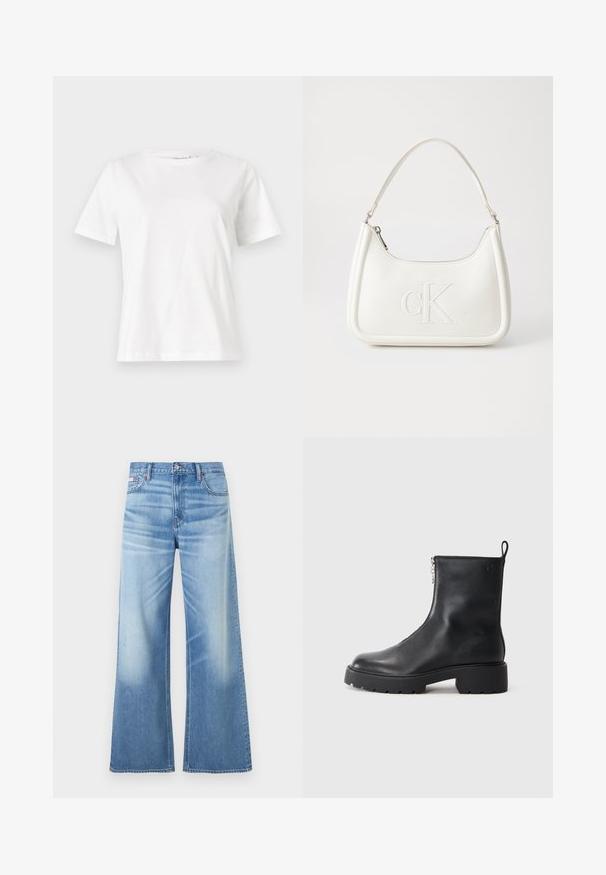 Valkoinen puuvillapaita lyhyillä hihoilla, pyöreällä kaula-aukolla ja rentolla istuvuudella. Sujuva rakenne, ei kuvioita tai yksityiskohtia, minimalistinen muotoilu.; Calvin Klein Jeans LOW RISE BAGGY - Relaxed fit -farkut - diamond cove; Musta nahkasaapas nilkkapituisena, jossa on sivuvetoketju, pyöristetty kärki ja paksu, teksturoitu pohja. Huomaamaton brändäys sivussa.; Valkoinen nahkalaukku, jossa on kaareva muotoilu, etupuolella kohokuvioitu "CK" -logo ja yksi olkahihna. Vetoketjukiinnitys ylhäällä.
