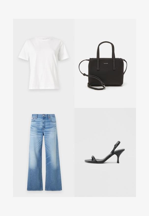Valkoinen puuvillapaita lyhyillä hihoilla, pyöreällä kaula-aukolla ja rentolla istuvuudella. Sujuva rakenne, ei kuvioita tai yksityiskohtia, minimalistinen muotoilu.; Calvin Klein Jeans LOW RISE BAGGY - Relaxed fit -farkut - diamond cove; Mustat nahkaiset korkokengät, joissa on hoikka, kaareva korko ja ristiin menevä hihnadesign. Säädettävä nilkkahihna. Silkkinen pinta.; Musta käsilaukku, jossa on kaksinkertaiset lyhyet kahvat ja irrotettava olkahihna. Silkkinen nahkatunneinen materiaali, jossa on vetoketjukiinnitys ja logoyksityiskohta.