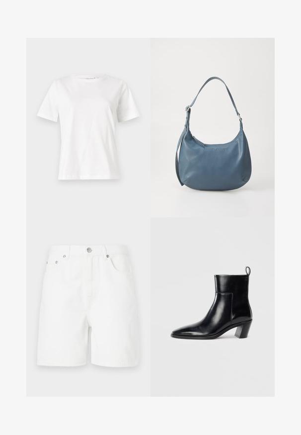 Hvit bomull t-skjorte med korte ermer, rund hals og avslappet passform. Glatt tekstur, ingen mønstre eller detaljer, minimalistisk design.; Hvite denimshorts med rett snitt, med frontlommer og knappelukking. Stoffet har en glatt tekstur og ingen synlige mønstre.; Sorte skinn ankle boots med spiss tå, geometrisk stablet hæl og en drasnor bak. Glatt tekstur og elegant design.; Blå lærveske med rund form, enkel skulderreim, glidelås-lukking og preget merkenavn på forsiden. Glatt tekstur.