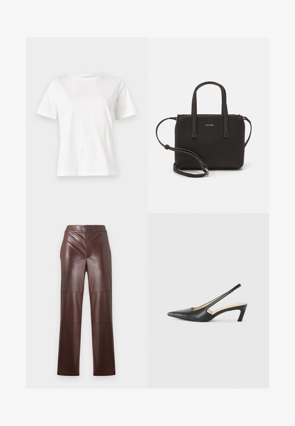 Biela bavlnená tričko s krátkymi rukávmi, okrúhlym výstrihom a voľným strihom. Hladká textúra, bez vzorov alebo akcentov, minimalistický dizajn.; Hnedé nohavice z umelého semišu s rovnými nohavicami a hladkým povrchom. Obsahujú predný zips a zapínanie na gombík, doplnené tonálnym prešívaním.; Čierne slingback topánky s ostrou špičkou a nízkym opätkom, vyrobené z hladkej kože a s výrezmi na boku pre lepšiu priedušnosť.; Čierna kabelka s dvojitými krátkymi rúčkami a odnímateľným ramenným popruhom. Hladký materiál podobný koži s uzatváraním na zips a detailom loga.