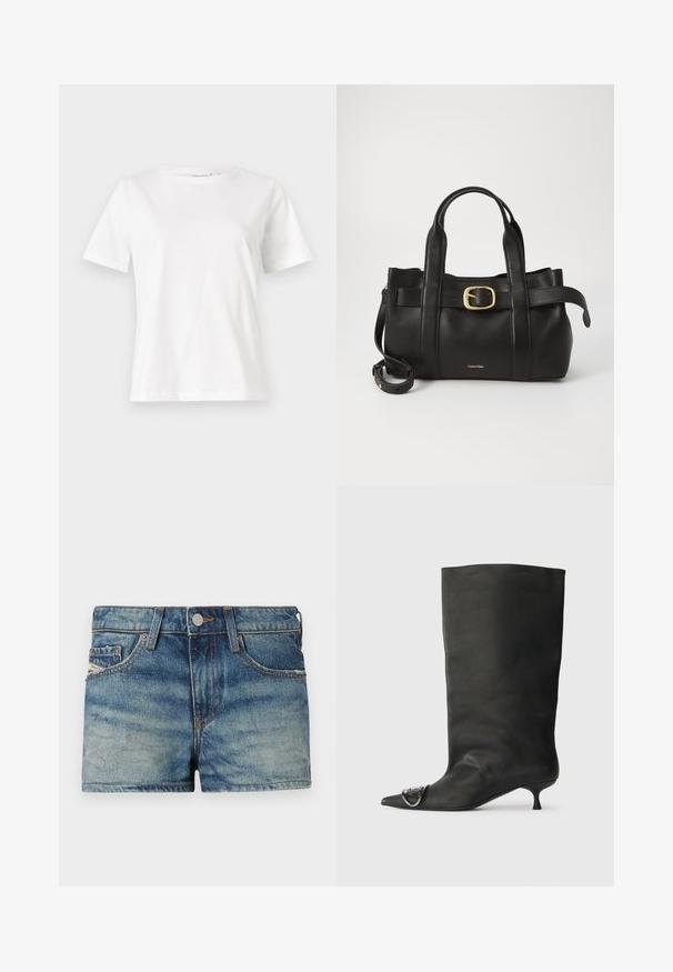 T-shirt bianca in cotone con maniche corte, scollatura rotonda e vestibilità rilassata. Struttura liscia, senza motivi né accenti, design minimalista.; Shorts in denim di colore azzurro chiaro con effetto sbiadito, design a cinque tasche, cuciture a contrasto e chiusura con bottone frontale.; Stivaletto in pelle nera con punta affilata, tacco basso e dettaglio metallico sulla punta. Texture liscia e opaca in tutta la superficie.; Borsa a mano in pelle nera con un design strutturato, doppie maniglie superiori, accentuazione in metallo dorato e logo del marchio in rilievo sul davanti.