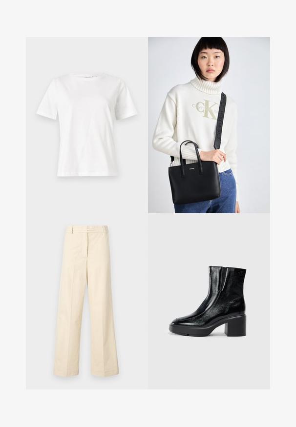 Bela bombažna majica s kratkimi rokavi, okroglo izrezana in ohlapnega kroja. Gladka tekstura, brez vzorcev ali dodatkov, minimalističen dizajn.; Beige široke hlače z ravnim sprednjim delom, zanko za pas in zadrgo. Narejene so iz lahkega bombažnega materiala z gladko teksturo.; Črne lakirane gležnjarje z ukrivljenim nosom, elastičnimi stranskimi paneli in debelim blokastim peto. Imajo vtisnjen logotip na zadnjem delu.; Črna usnjena torba z dvema zgornjima ročajema in odstranljivim naramnim trakom. Ima srebrni logotip spredaj in gladko teksturo.