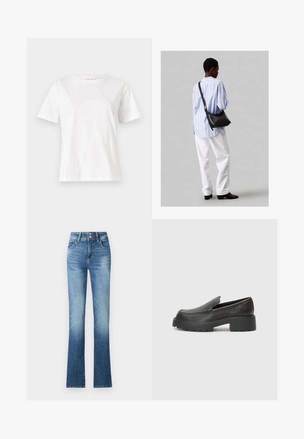 Baltas kokvilnas T-krekls ar īsām piedurknēm, apaļu kakla izgriezumu un brīvu piegriezumu. Gluda tekstūra, bez rakstiem vai akcentiem, minimālistisks dizains.; Zili džinsi ar platām kājām un augstu jostasvietu, ar vieglu izbalēšanu, divām pogām un sānu kabatām. Audumam ir gluda tekstūra.; Melnas ādas mokasīni ar noapaļotu purngalu, biezs teksturēts zoles un minimālas dūriena detaļas. Gluds dizains bez redzamām auklām vai metāla elementiem.; Melna ādas plecu soma ar mīkstu tekstūru, trīsstūra formu un regulējamu siksnu, apvienota ar gaiši zilu svītrotu krekli un baltām biksēm.