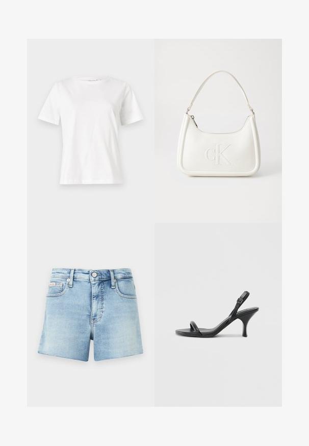 Baltas kokvilnas T-krekls ar īsām piedurknēm, apaļu kakla izgriezumu un brīvu piegriezumu. Gluda tekstūra, bez rakstiem vai akcentiem, minimālistisks dizains.; Gaiši zili džinsu šorti ar pieguļošu vidukli, piecu kabatu dizainu un pogu aizdari. Nodiluša tekstūra ar tīru, klasisku griezumu.; Melnas ādas augstpapēžu sandales ar plānu, izliekta formas papēdi un krustenisku siksnu dizainu. Regulējama potītes siksna. Gluda tekstūra.; Balta ādas rokassoma ar noapaļotu formu, uz kuras priekšpuses ir izgriezts "CK" logo un viena plecu siksna. Augšā aizverama ar rāvējslēdzēju.