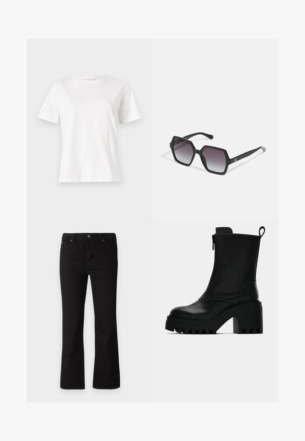 Hvit bomull t-skjorte med korte ermer, rund hals og avslappet passform. Glatt tekstur, ingen mønstre eller detaljer, minimalistisk design.; Sorte rette jeans med knapp og glidelås, beltehenget, samt front- og baklommer mot en hvit bakgrunn.; Sorte lær ankelsko med kraftig såle, blokkhæl, sidelukking med glidelås og trekketap bak på ensfarget hvit bakgrunn.; Svart sekskantede solbriller med gradientlinser, med en blank finish og subtil merkevareføring på stangen. Slitesterk plastkonstruksjon.