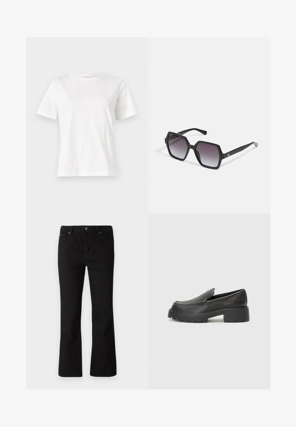 Camiseta de algodón blanca de manga corta, con cuello redondo y un corte relajado. Textura suave, sin patrones ni acentos, diseño minimalista.; Jeans negros de pierna recta con cierre de botón y cremallera, pasadores para cinturón y bolsillos delanteros y traseros sobre un fondo blanco.; Mocasines de piel negra con punta redondeada, suela texturizada gruesa y mínimos detalles de costura. Diseño elegante sin cordones o herrajes visibles.; Gafas de sol hexagonales negras con lentes degradados, que presentan un acabado brillante y un sutil branding en la patilla. Construcción de plástico duradero.