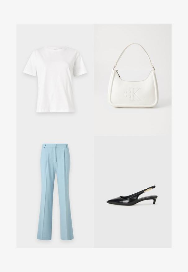 Fehér pamut póló rövid ujjakkal, kerek nyakkivágással és laza szabással. Sima textúra, nincsenek minták vagy díszítések, minimalista dizájn.; Világoskék nadrág, sima tapintással, bővülő lábszárral és elülső redőkkel. Jellemzője a standard derékpánt és a diszkrét varrás részletek.; Fekete bőr slingback magassarkúk, hegyes orral, vékony sarkakkal és arany színű részlettel a állítható pánton. Simа felület.; Fehér bőrtáska ívelt formájú, elöl feltűnő "CK" logóval, egyetlen vállpánttal. Cipzáras zárás a tetején.