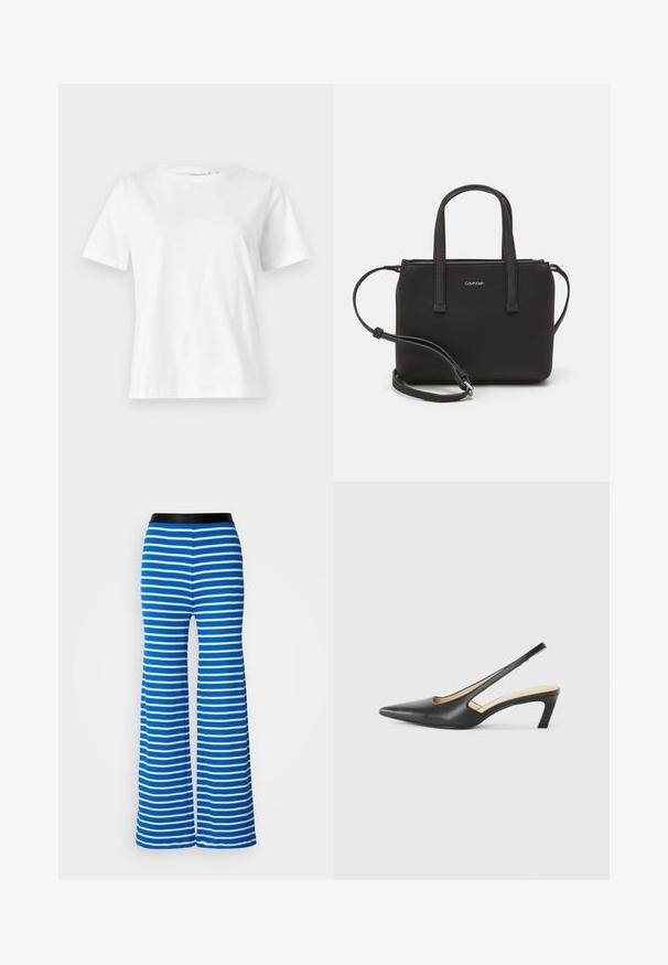 Valge puuvillane T-särk lühikeste varrukatega, ümmarguse kaelusega ja vabalt istuv. Sile tekstuur, ilma mustrite ja aktsentideta, minimalistik disain.; Sinise ja valge triibuline flared püksid musta elastse vöökohtaga. Omavad sileda tekstuuri ja ühtlasi horisontaalseid triibusid üle kogu pihiku.; Must mustaga, terav varvas, madala kontsaga sildiga king, mis on valmistatud siledast nahast ja mille küljel on lõike disain hingavuse tagamiseks.; Musthave mustrans vöö ja eemaldatav õlarihm. Gludike nahk siledaga, millel on tõmblukk ja logo detail.