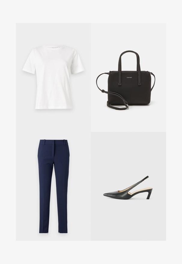 Balta medvilninė marškinėliai trumpomis rankovėmis, su apvalia iškirpte ir laisvu siluetu. Lygi tekstūra, be raštų ar akcentų, minimalistinis dizainas.; Tamsiai mėlyni keliai su šiuo metu siauromis šoninėmis dalimis, pagaminti iš tekstūruotos medžiagos. Turintys plokščią priekį, juosmens kilpas ir užtrauktukus apačioje kaip papildomą detalę.; Juodas smailus slingback batelis su žemu kulnu, pagamintas iš lygaus odos paviršiaus ir su išpjovomis šone, užtikrinančiomis oro pralaidumą.; Juoda rankinė su dviem trumpais rankenėlėmis ir nuimamu petį. Lygaus odos tipo medžiaga su užtrauktuku ir logotipo detale.