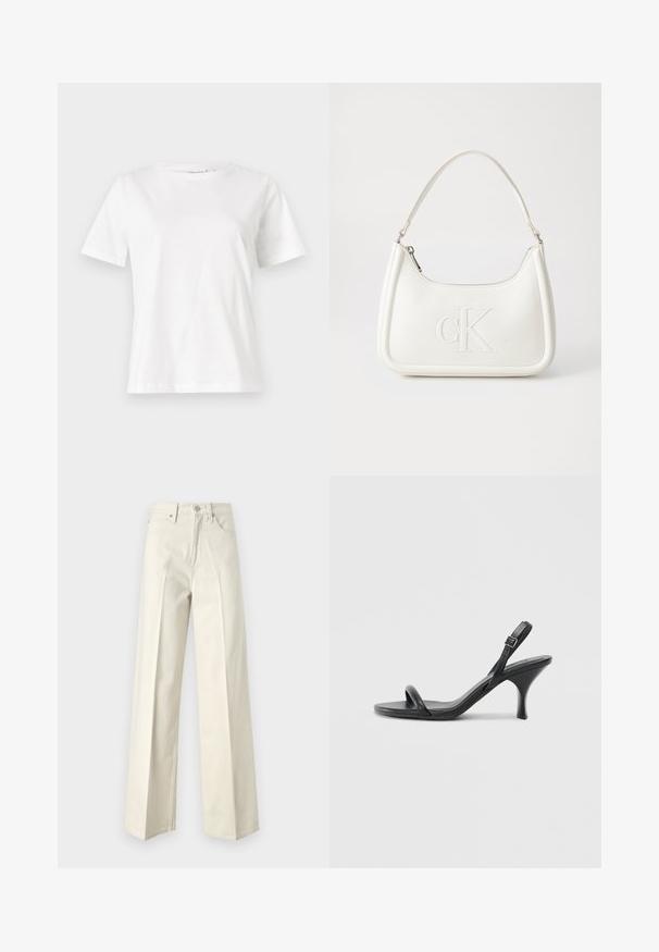 Hvit bomull t-skjorte med korte ermer, rund hals og avslappet passform. Glatt tekstur, ingen mønstre eller detaljer, minimalistisk design.; Videjeans i off-white bomull denim. Har høy midje, front knappelukking og klassisk fem-lommes design med minimal søm.; Sorte skinnhøye hæler med en slank, buet hæl og et kryssrem-design. Justerbar ankelrem. Glatt tekstur.; Hvit lærveske med en buet fasong, med et preget "CK"-logo på forsiden og en enkel skulderstropp. Glidelåslukking på toppen.