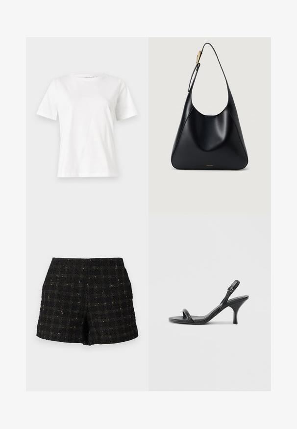 Fehér pamut póló rövid ujjakkal, kerek nyakkivágással és laza szabással. Sima textúra, nincsenek minták vagy díszítések, minimalista dizájn.; Fekete tweed sort, texturált felülettel, arany szálakból készült rácsmintával, testre szabott fazonban és közép magas derékkal.; Fekete bőrből készült, magassarkú szandál, vékony, ívelt sarokkal és keresztben átkötött pántokkal. Állítható bokapánt. Sima felület.; Fekete bőr válltáska sima textúrával, ívelt szilüettel és arany színű fém díszítéssel. Az alján bemart márkalogó található.