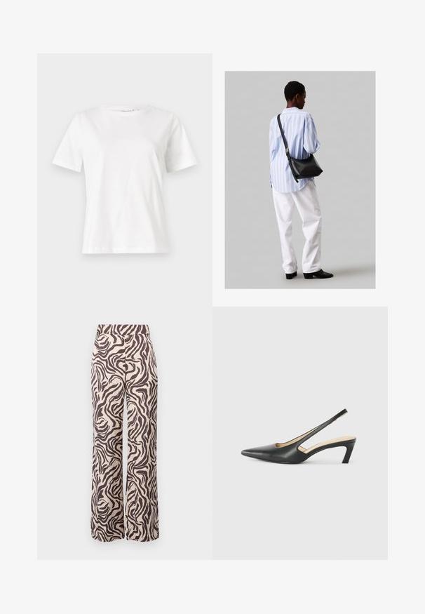 Tricou alb din bumbac cu mâneci scurte, guler rotund și o croială relaxată. Textură netedă, fără imprimeuri sau accente, design minimalist.; Pantaloni largi dintr-un material ușor, cu un fundal bej și dungi de zebra maro, având o talie plată.; Pantof cu toc mic, cu vârf ascuțit și slingback, realizat din piele netedă, având un design decupat pe lateral pentru respirabilitate.; Geantă de umăr din piele neagră cu o textură moale, formă triunghiulară și curea ajustabilă, asortată cu o bluză cu dungi albastre deschise și pantaloni albi.