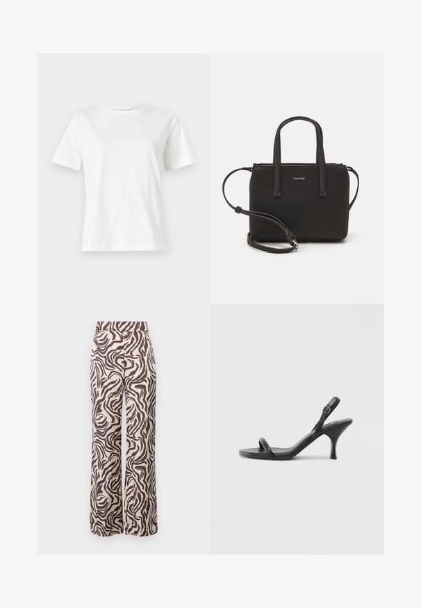 Hvid bomulds t-shirt med korte ærmer, rund halsudskæring og en afslappet pasform. Glat tekstur, ingen mønstre eller accenter, minimalistisk design.; Bredde ben bukser lavet af letvægtsstof med en beige baggrund og brune zebra striber samt en flad talje. ; Sorte læder højhælede sandaler med en slank, buet hæl og et krydset stropdesign. Justerbar ankelrem. Glat tekstur.; Sort håndtaske med to korte håndtag og en aftagelig skulderrem. Glat læderagtigt materiale med lynlåslukning og logo detaljer.