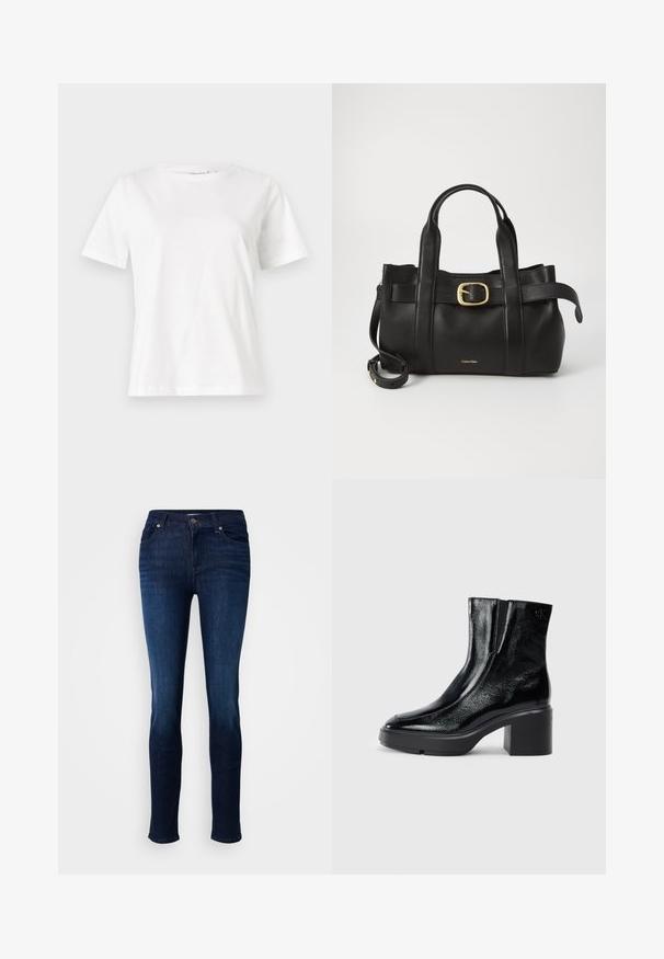 Balta medvilninė marškinėliai trumpomis rankovėmis, su apvalia iškirpte ir laisvu siluetu. Lygi tekstūra, be raštų ar akcentų, minimalistinis dizainas.; Tamsiai mėlyni džinsai, pagaminti iš denimo, su liesu pjūviu, penkių kišenių dizainu, diržo kilpomis ir užtrauktuku su mygtuko uždarymu.; Juodi lakiniai auliniai batai iki kulkšnies, su išlenktu pirštu, elastinėmis šoninėmis panelėmis ir masyviu blokuotu kulnu. Apdailoje užpakalinėje dalyje įspaustas logotipas.; Juodas odinis rankinės maišas su struktūrizuotu dizainu, dviem viršutinėmis rankenomis, auksinės spalvos sagtimi ir iškilniu prekės ženklu priekyje.