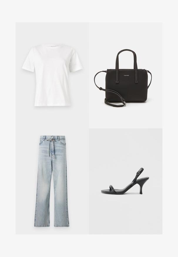 Vit bomullströja med korta ärmar, rund halsringning och en avslappnad passform. Slät textur, inga mönster eller detaljer, minimalistisk design.; Ljusblå vida jeans av denim med hög midja, framfickor och dragsko vid midjan. Sliten textur.; Svarta läder högklackade sandaler med en smal, böjd klack och ett korsat remdesign. Justerbar ankelrem. Slät textur.; Svart handväska med dubbla korta handtag och ett avtagbart axelband. Slät läderliknande material med dragkedjestängning och logodetalj.