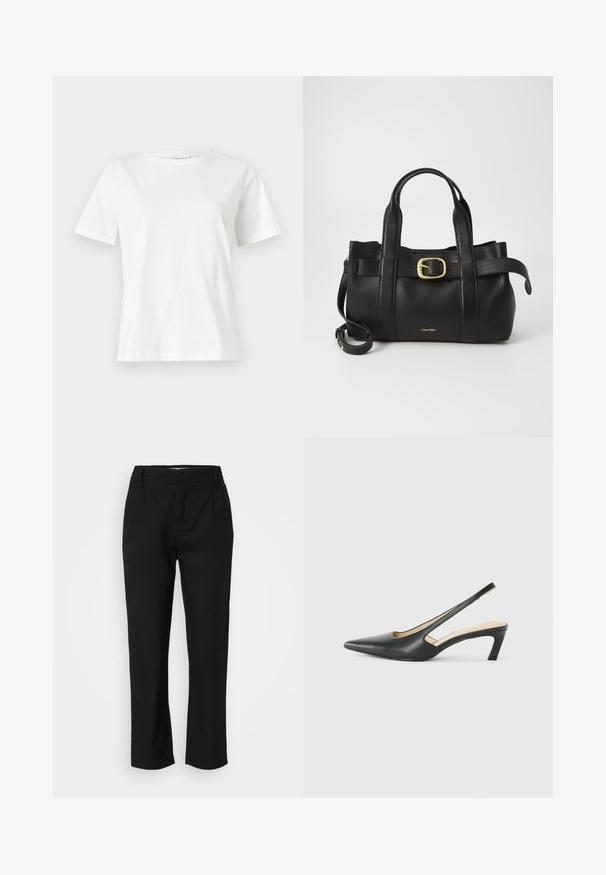 T-shirt en coton blanc à manches courtes, col rond et coupe décontractée. Texture lisse, sans motifs ni accents, design minimaliste.; Pantalon noir en tissu lisse, avec une coupe droite, des plis sur le devant et une taille élastique pour le confort. Pas de matériel visible.; Slingback noir à bout pointu avec un petit talon, en cuir lisse et doté d'un design découpé sur le côté pour plus de respirabilité.; Sac à main en cuir noir présentant un design structuré, deux poignées supérieures, un accent de boucle en ton doré et un logo de la marque en relief à l'avant.