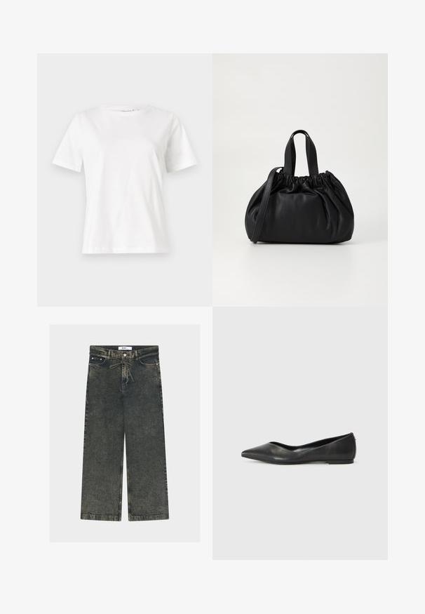 Hvid bomulds t-shirt med korte ærmer, rund halsudskæring og en afslappet pasform. Glat tekstur, ingen mønstre eller accenter, minimalistisk design.; Vidbenede jeans i mørkegrå denim med en tekstureret finish, med knaplukning, bæltestropper og forlommer.; Sorte læder balletlejersko med spids tå, lav hæl og glat overflade. Minimalistisk design med en diskret sideaccent.; Sort læderhåndtaske med en samlet topdesign, der har to korte håndtag og en lang justerbar rem. Glat overflade, rund form.