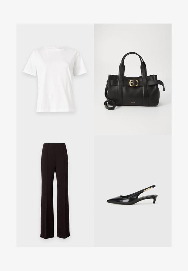 Weißes Baumwoll-T-Shirt mit kurzen Ärmeln, Rundhalsausschnitt und lockerer Passform. Glatte Textur, keine Muster oder Akzente, minimalistisches Design.; Schwarze hoch taillierte Hose mit einem ausgestellt geschnittenen Bein, die vertikale Nähte und Schlitze am Saum für zusätzliche Details aufweist. Der Stoff wirkt glatt.; Schwarze Leder-Slingback-Pumps mit spitzem Schuhblatt, ausgestattet mit einem schlanken Absatz und einem goldfarbigen Akzent am verstellbaren Riemen. Glatte Textur.; Schwarze Lederhandtasche mit strukturiertem Design, doppelten oberen Griffen, goldfarbenem Schnallenakzent und geprägtem Markenlogo auf der Vorderseite.