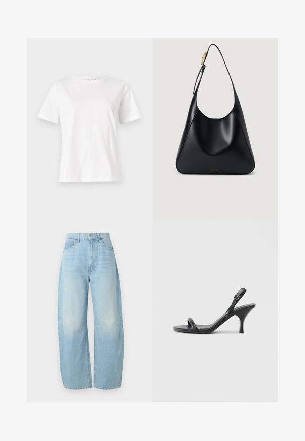 T-shirt de algodão branco com mangas curtas, decote redondo e um corte descontraído. Textura suave, sem padrões ou detalhes, design minimalista.; Jeans de denim azul claro, de perna larga, com cintura alta, fecho de botão e desbotamento subtil, apresentando cortes retos e sem adornos.; Sandálias de salto alto em couro preto com um salto curvado e fino e um design de tiras cruzadas. Correia ajustável no tornozelo. Textura suave.; Bolsa de ombro em couro preto com uma textura suave, silhueta curvada e um detalhe em metal dourado. Apresenta logótipo da marca em relevo na base.